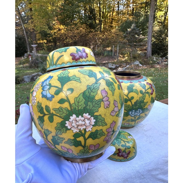 Antique Chinese Imperial Yellow Cloisonné Ginger Jars - A Pair (Republic Period) For Sale In Boston - Image 6 of 14