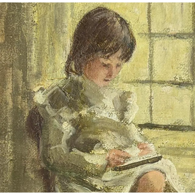 Impressionist "Needle Work" Young Girl by the Window Original Oil on Linen by Helen Rayburn Caswell For Sale - Image 3 of 6