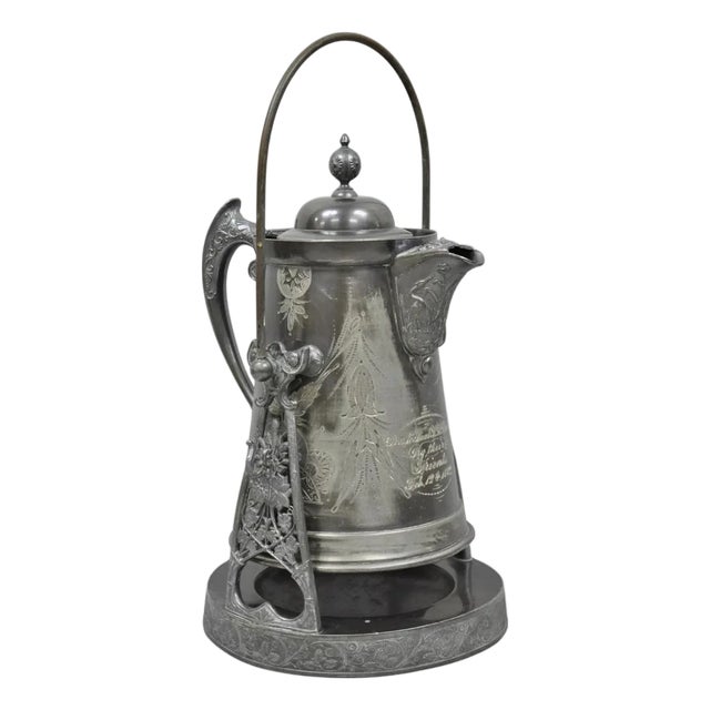 Antique English Victorian Silver Plated Tilting Coffee Pot on Stand W/ Engraving For Sale