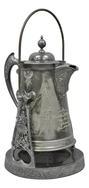 Antique English Victorian Silver Plated Tilting Coffee Pot on Stand W/ Engraving