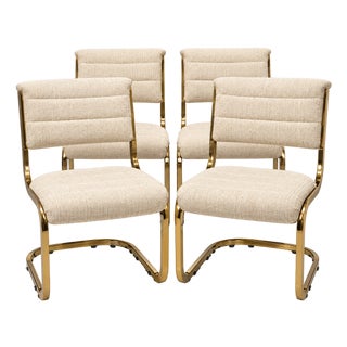 1970s Mid-Century Modern Cal-Style Brass Cantilever Dining Chairs Model 7411 - Set of 4 For Sale