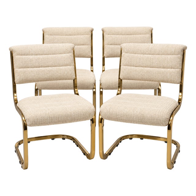 1970s Mid-Century Modern Cal-Style Brass Cantilever Dining Chairs Model 7411 - Set of 4 For Sale
