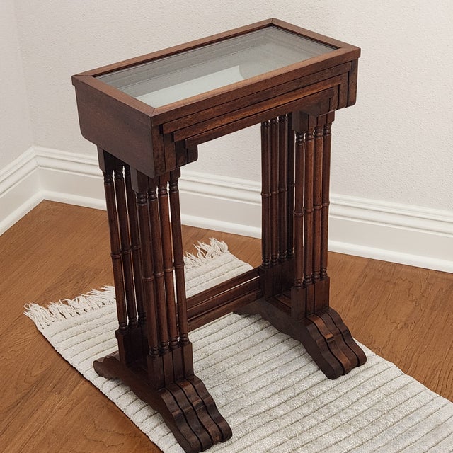 Wood Vintage Brandt Furniture, Four Glass Top Nesting Tables (A Quartetto), Antique Mahogany Finish For Sale - Image 7 of 16