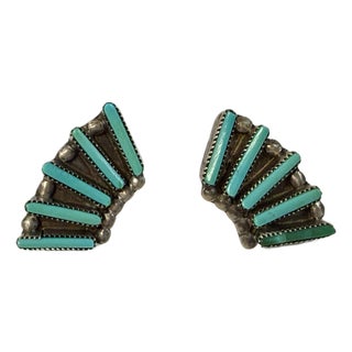 Zuni Turquoise Needlepoint Sterling Silver Pierced Fan Earrings Native American For Sale