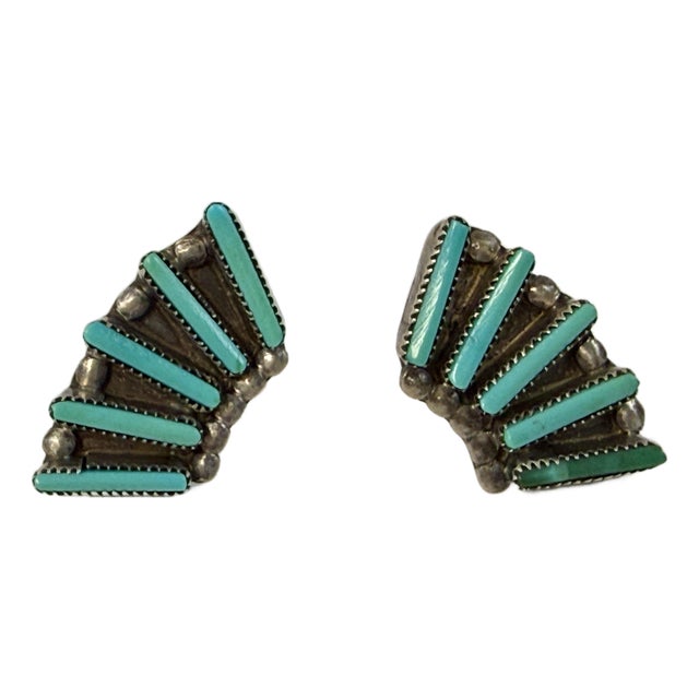 Zuni Turquoise Needlepoint Sterling Silver Pierced Fan Earrings Native American For Sale