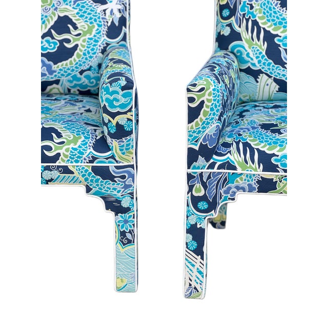 1980s Pair MCM CasaBique Ming Armchairs in Thibaut “Imperial Dragon” For Sale - Image 10 of 18