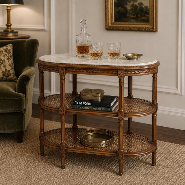 Wood Antique French Louis XVI Style Marble & Caned Carved Fruitwood Drinks Side Table For Sale - Image 7 of 7