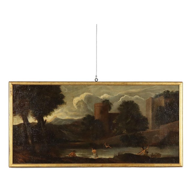 Italian School Artist, Landscape Painting with Buildings and Bathers, 18th Century, Oil Painting on Canvas, Framed For Sale