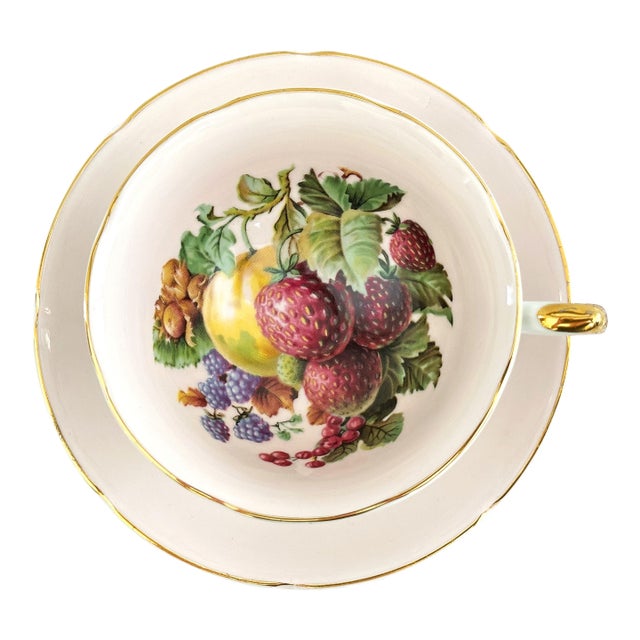 1950s Royal Grafton Wide Mouth Teacup Set, Pale Pink With Fruit Interior For Sale