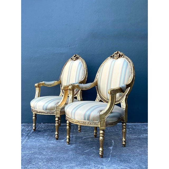 Vintage Gilt Medallion Fauteuil Chairs - A Pair For Sale In West Palm - Image 6 of 12