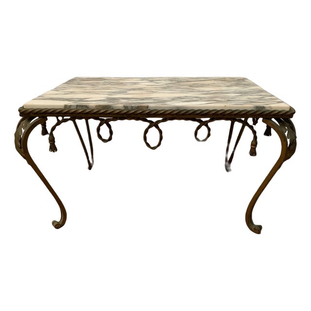 20th Century Hammered Wrought Iron Coffee Table with Breccia Marble Top For Sale