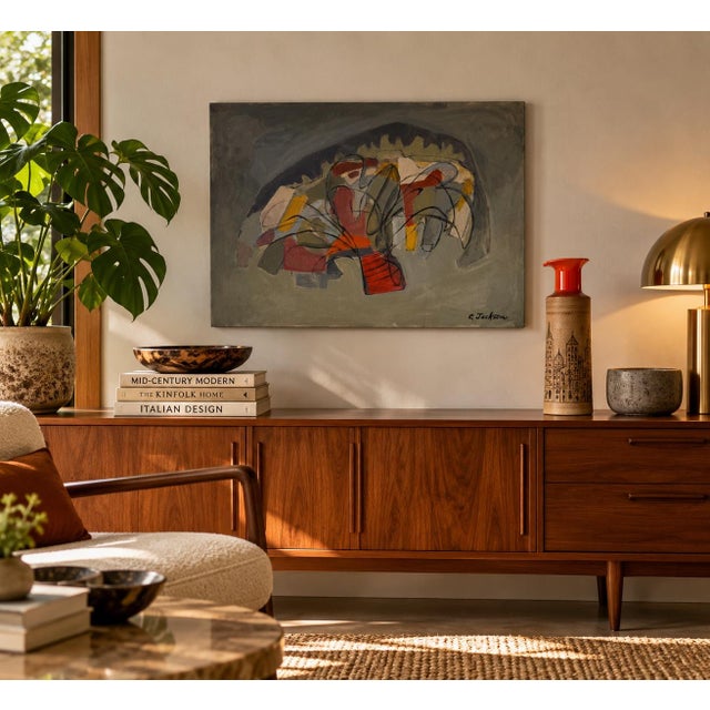 Striking 1970s expressionist abstract oil painting on canvas, signed C. Jackson in the lower right corner. The composition...