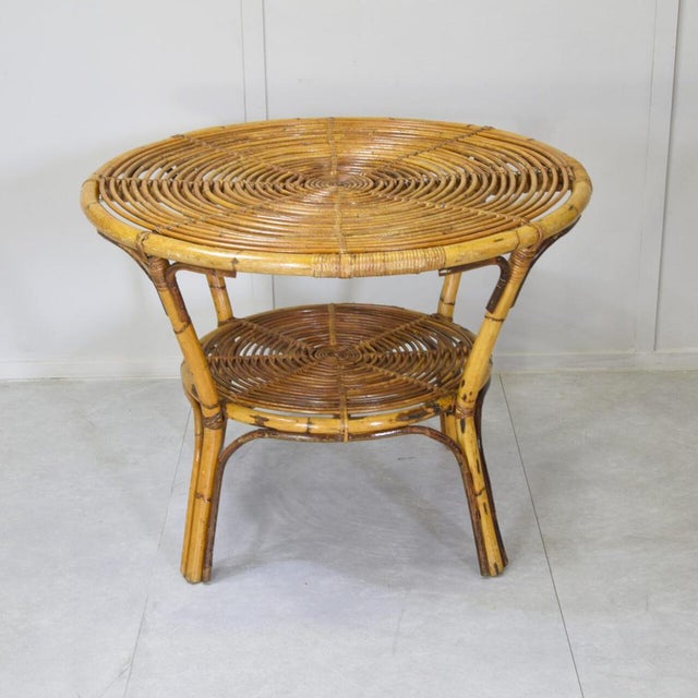 Vintage Round Two-Tier Coffee Table in Bamboo and Rattan by Tito Agnoli, Italy, 1960s For Sale - Image 9 of 9