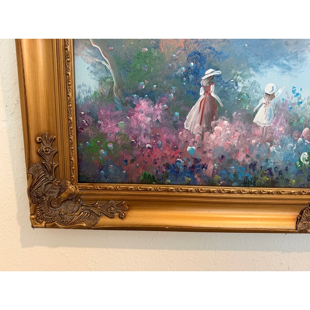 Sky Blue Late 20th Century Large Impressionist Landscape Oil Painting Signed Bachmann Lakeside Garden For Sale - Image 8 of 12