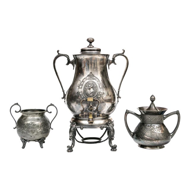 Antique Meriden Britannia Victorian Silverplate Samovar Garniture Set, 3 Pieces For Sale