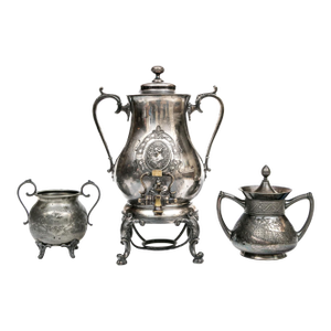 Antique Meriden Britannia Victorian Silverplate Samovar Garniture Set, 3 Pieces