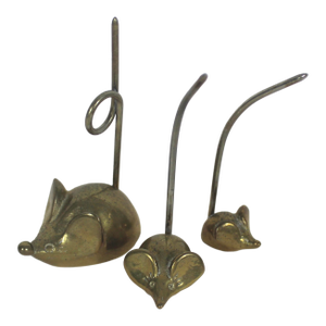 Mid Century Brass Set of 3 Mice Note Holders Vintage