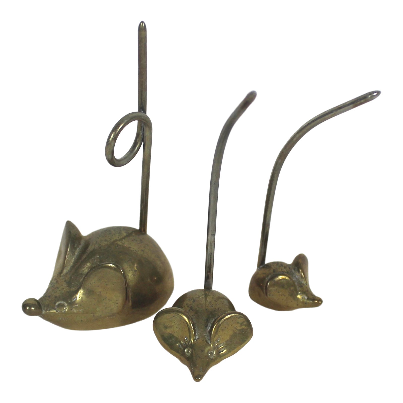 Mid Century Brass Set of 3 Mice Note Holders Vintage Office Decor