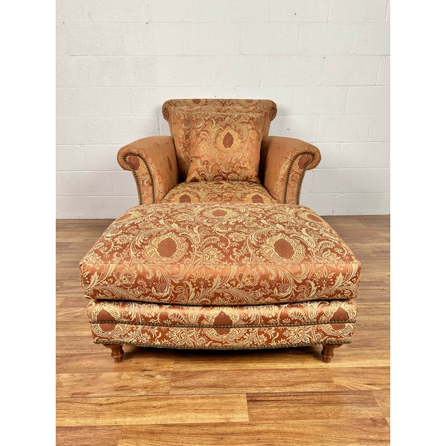 Traditional Henredon Scroll Back Upholstered Lounge Chair & Ottoman With Nailheads - Set of 2 For Sale - Image 3 of 12