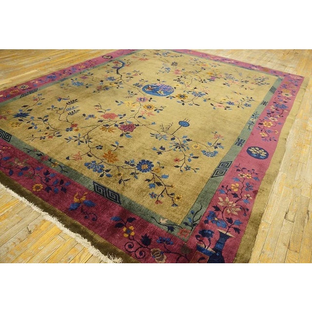 1920s Outstanding Tan Tupe and Purple Color With Flower Design Antique Chinese Art Deco Rug For Sale - Image 5 of 11
