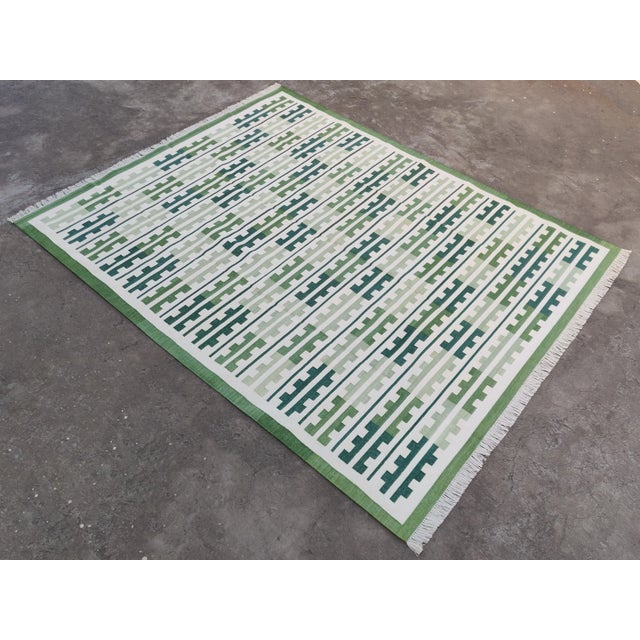 Mid-Century Modern Handmade Cotton Natural Vegetable Dyed Reversible Green Marianne Rug - 9'x12' For Sale - Image 3 of 11