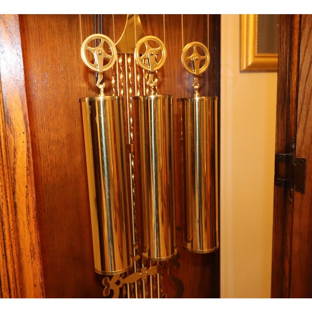 Wood 1990s Howard Miller Oak Grandfather Clock With Kieninger Triple Chime Movement and Moon Dial For Sale - Image 7 of 18