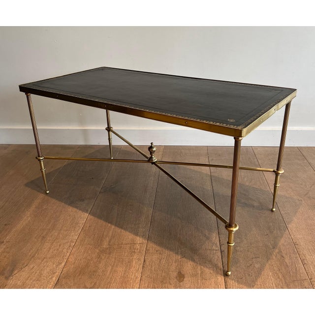 1940s Neoclassical style brass coffee table with black leather top Attributed to Maison Jansen For Sale - Image 12 of 12