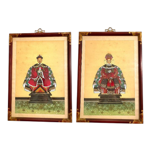 Antique Pair of Hand Painted Qing Dynasty Portraits of Man & Woman on Silk & Framed Under Glass