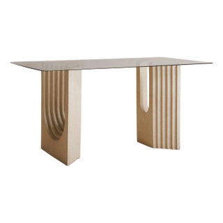 Italian Sandstone Base Dining Table with Glass Top in the Manner of Carlo Scarpa For Sale