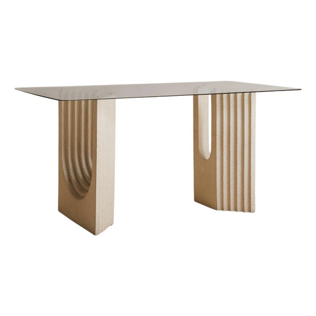 Italian Sandstone Base Dining Table with Glass Top in the Manner of Carlo Scarpa For Sale