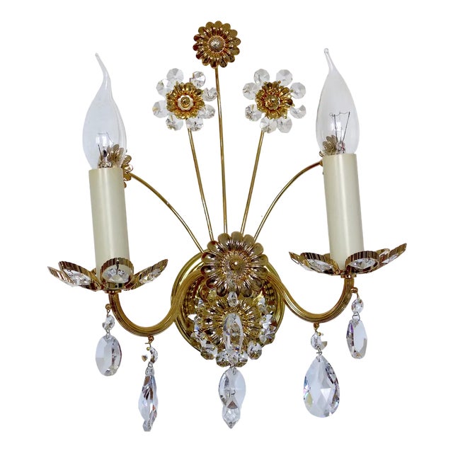 Brass & Lead Crystal Wall Lamp from Palwa, 1960s For Sale