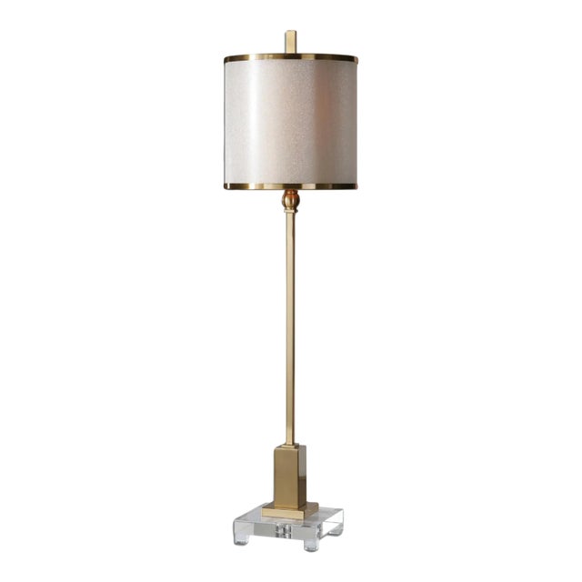 Brushed Brass & Crystal Table Lamp With Champagne Double Shade For Sale