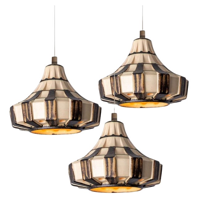 Ivory & Brown Ceramiy Trumpet Pendant Light, Denmark, 1970s For Sale