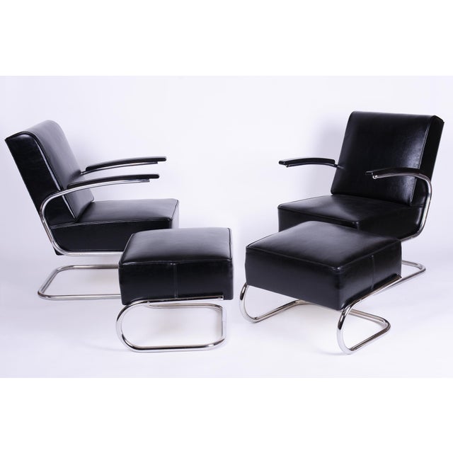 Bauhaus Art Deco Seating Set in Chromed Steel and Genuine Leather by Willem Hendrik Gispen for Mücke Melder, Czech, 1930s, Set of 4 For Sale - Image 3 of 10