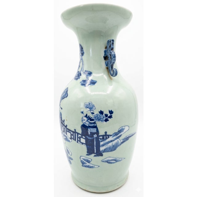 Qing Dynasty Blue on Celadon Vase with Green Background Glaze has measurements of approximately 9"x9"x16.75"