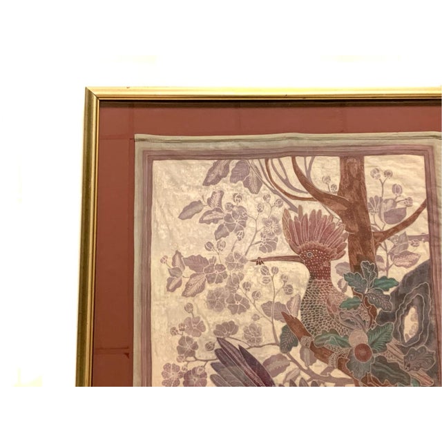 Purple Signed Asian Silk Woven Panel | Flycatcher Birds & Scholar's Rock | Chop Seal Signed | Custom Framed | 20th Century For Sale - Image 8 of 16