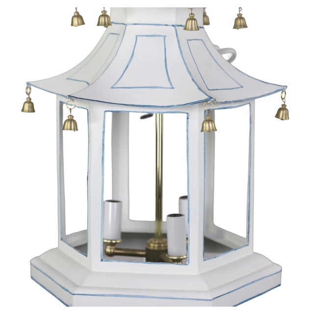 Early 21st Century A Three-Tiered Pagoda-Topped Lantern Chandelier Adorned With Blue Details and Gold Hanging Bells. For Sale - Image 5 of 9