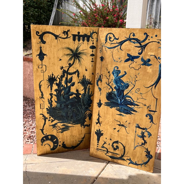 Late 20th Century Pair of Hand Painted Blue Chinoiserie Chic Wall Hanging Giltwood Panels For Sale - Image 5 of 16
