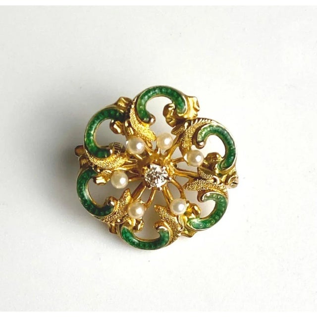 Metal Vintage 18k Yellow Gold Diamond & Pearl Enameled Pin Brooch For Sale - Image 7 of 7