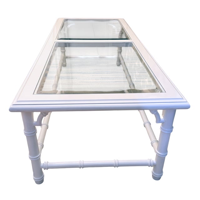 Vintage Faux Bamboo Coffee Table – Fresh Lacquer – Super White High Gloss – Glass Top For Sale In Miami - Image 6 of 8