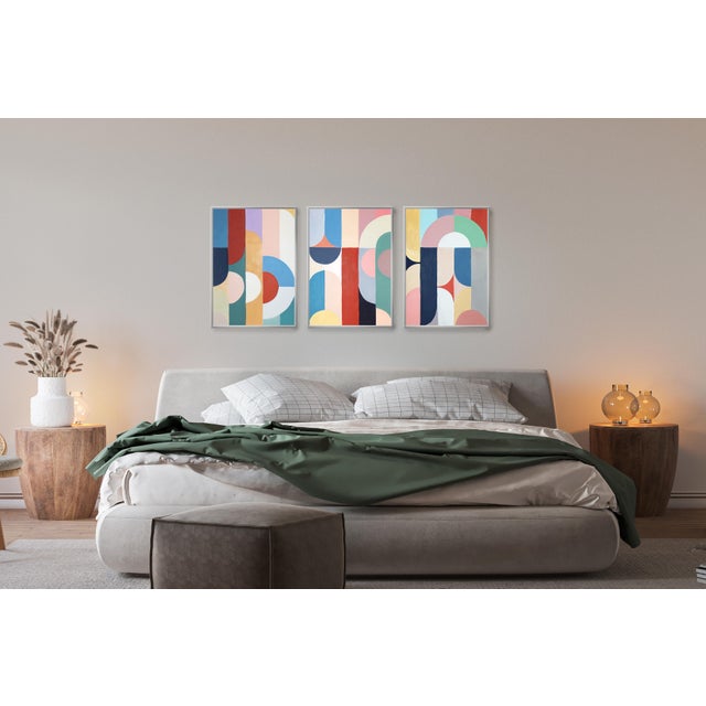 2026, Art Deco Painting Triptych, Slippery Slope, Acrylic Paint on Watercolor Paper, Pastel Pattens by Natalia Roman For Sale - Image 10 of 11