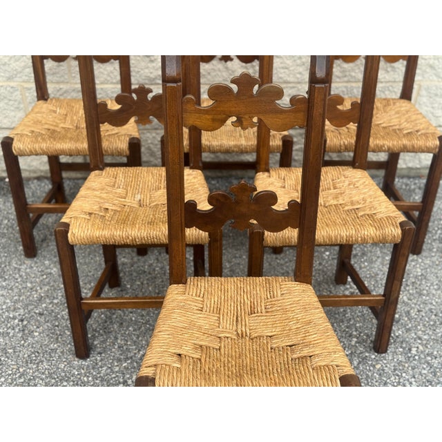 Vintage Italian Carved Walnut Rush Seat Dining Chairs – Set of 6 For Sale - Image 4 of 12