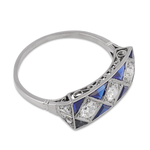 Art Deco Inspired Old Cut Diamond Sapphire Platinum Dinner Ring, Size 7.75 For Sale - Image 4 of 6