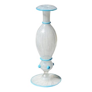 Antique Murano White Zanfirico Ribbons Sky Blue Detals Italian Art Glass Footed Flower Vase For Sale