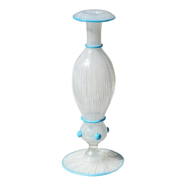 Antique Murano White Zanfirico Ribbons Sky Blue Detals Italian Art Glass Footed Flower Vase For Sale