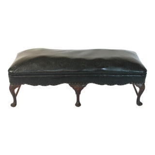 Antique English Georgian Style Hand-Carved Low Bench With Black Leather Upholstery For Sale
