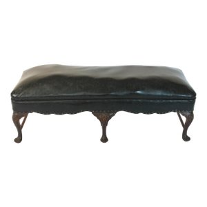 Antique English Georgian Style Hand-Carved Low Bench With Black Leather Upholstery
