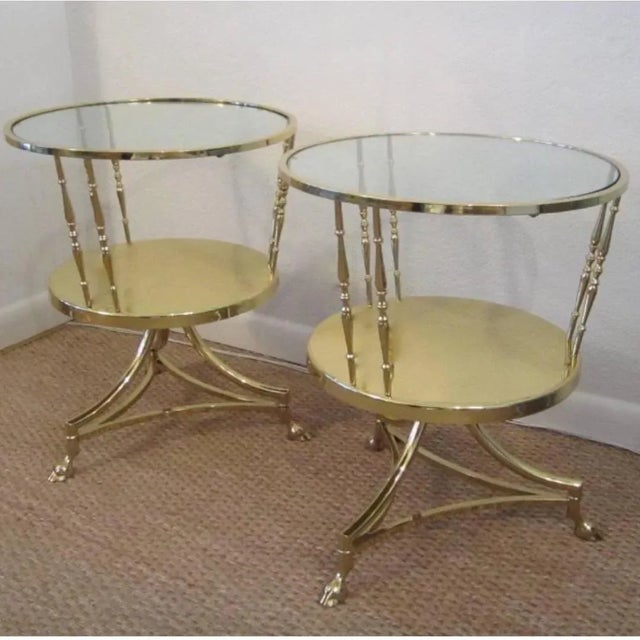 Metal Italian Solid Brass Two Tier Side Tables With Recessed Glass Tops a Pair For Sale - Image 7 of 10