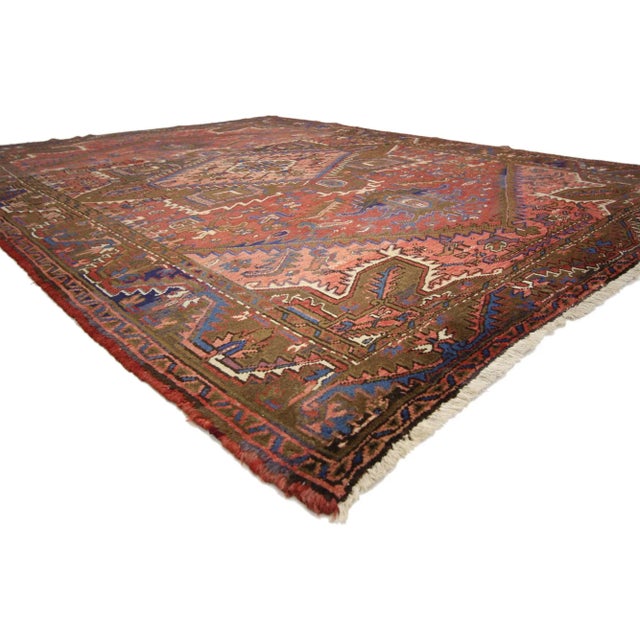 Traditional Vintage Persian Heriz Rug with Modern Rustic Style 07'03 X 10'00. This hand-knotted wool vintage Persian Heriz...