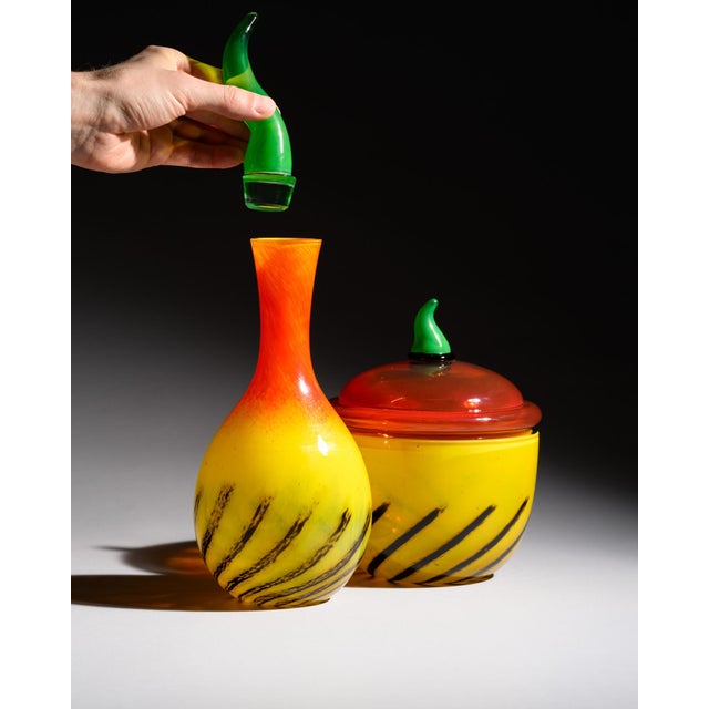 Kontiki hand-blown art glass carafe & lidded box duo – nanny still for rosenthal studio line, 1993 a vibrant hand-blown...